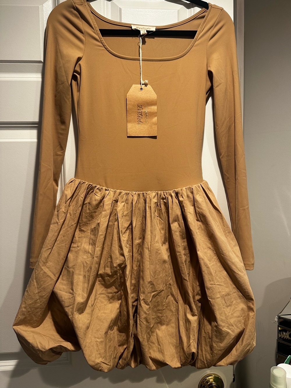 Listicle Camel Long Sleeve Scoop Neck Bubble Hem Dress